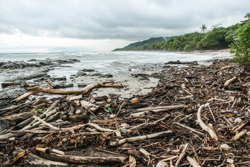 Pollution sur une plage du Costa Rica après de grosse pluies, les déchets qui étaient dans les rivières se retrouvent sur cette plage du pacifique. Santa Teresa, Costa Rica