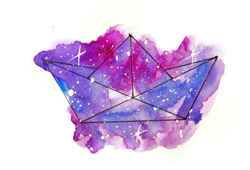 watercolor sketch illustration, tattoo style: contour of a paper boat against a background of pink and lilac cosmos-like spots with white stars, suitable for printing T-shirts
