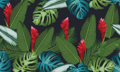 Seamless pattern tropical leaves with ginger flower on black background