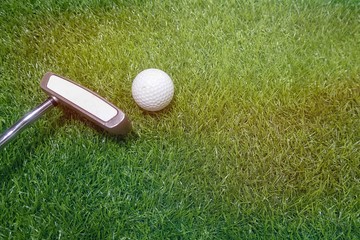 Golf ball on green grass background
