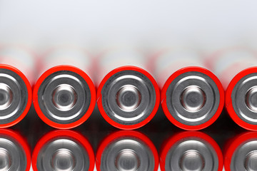 Close-up of red alkaline batteries
