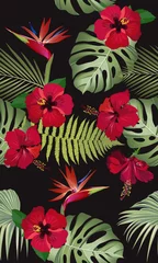  Seamless pattern tropical leaves with red hibiscus flower and bird of paradise on black background © JANNTA