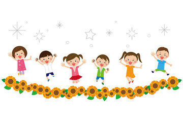 子供が男女6人　ひまわり畑で元気にジャンプ