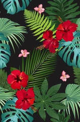 Fototapeten Tropische Blätter des nahtlosen Vektormusters mit roter Hibiscusblume und rosa Orchidee auf schwarzem Hintergrund © JANNTA