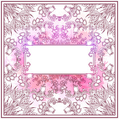 Obraz na płótnie Canvas Gentle square card with a tracery floral pattern with leaves, flowers, pink watercolor splashes and space for text. Flourish delicate vector template for invitation, cards and your design.