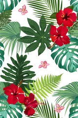  Seamless vector pattern tropical leaves with red hibiscus flower and pink orchid on white background © JANNTA