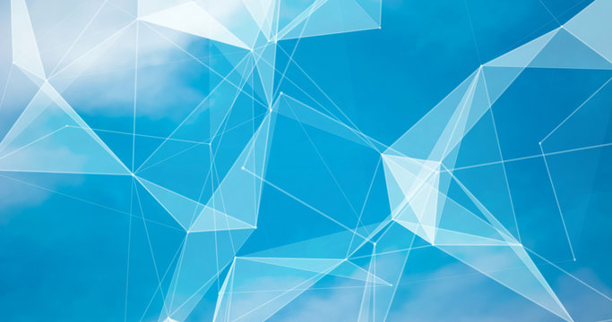 Abstract blurred background blue sky with white clouds in sunlight and geometric poligons texture.