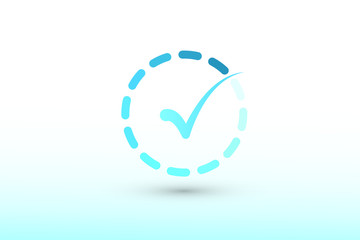 A blue color tick mark or sign inside dashed circle vector illustration on white background to show correct answer and approval
