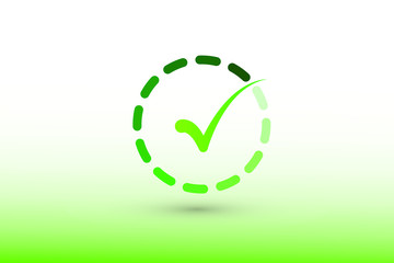 A green color tick mark or sign inside dashed circle vector illustration on white background to show correct answer and approval