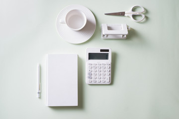 Office supplies composition on white background. Flat lay, top view.
