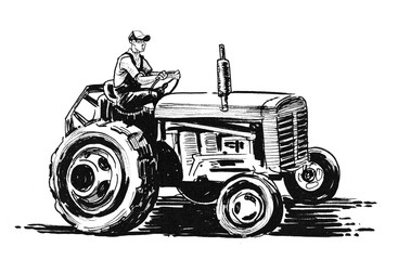 Farmer driving retro tractor. Ink black and white drawing