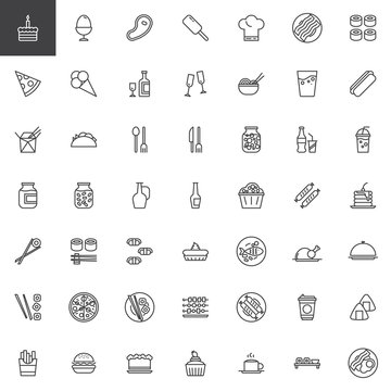Restaurant food line icons set. linear style symbols collection, outline signs pack. vector graphics. Set includes icons as sushi rolls, pizza, take away coffee, noodles box, soda drinks, breakfast 