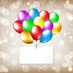 Party golden background with colorful balloons and label. Happy birthday golden card with place for text. Multicolor balloons with light label on a bokeh background. Vector greeting card