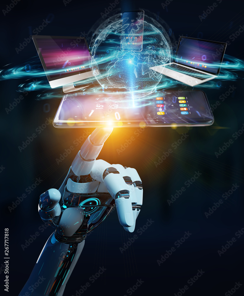 Poster modern devices connected in robot hand 3d rendering