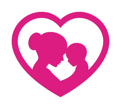 Vector symbol mothers day. Heart with silhouette mom and baby. Isolated on white background