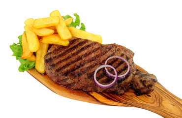 Medium rare grilled sirloin steak with chunky chips on an olive wood serving board