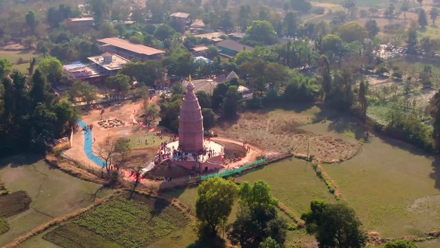 "Madana Mohana" temple in Govardhan e.v., India, 4k aerial drone footage