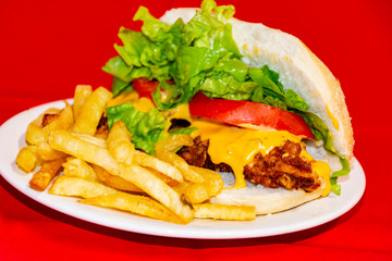 Sandwiches fried chicken, tomatoes, lettuce leaves and French fries with red background.