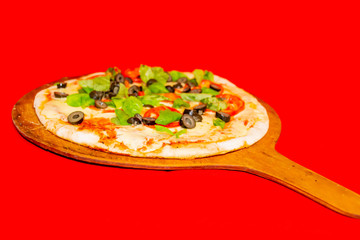 Pizza, black olives, green leaf decoration and peppers. Red background.