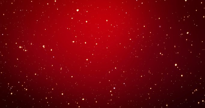 Golden confetti and stars on the red Christmas background. 3D render
