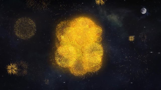 Diwali Lord Ganesh Element Text Typography Reveal From Golden Firework Crackers Particles Night Sky 4k Background. Greeting card, Celebration, Party, Invitation, Gift, Event, Wish, Festival