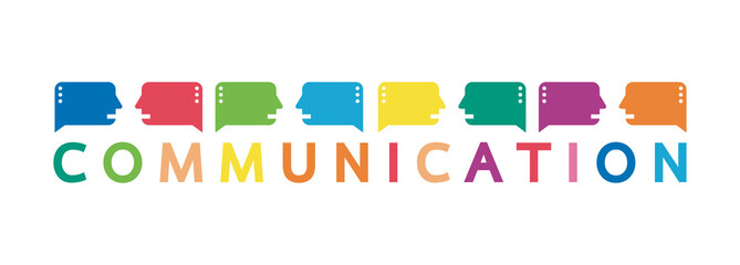 Vector illustration of a communication concept. The word communication with colorful dialog speech bubbles
