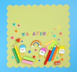 Obraz premium cute stationery, creative idea. School set with pencils and stationery. Flat lay, top view trendy back to school or vacation concept. minimal kawaii style. Template for your design