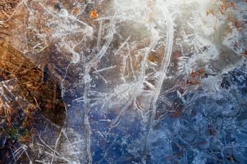 Ice background texture. Frozen puddle macro. Sping or winter photo