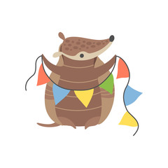 Cute Armadillo Holding Party Flags, Adorable Pleistocene Animal Cartoon Character at Party Vector Illustration
