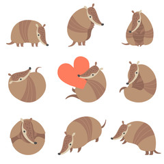 Collection of Cute Adorable Armadillos Pleistocene Animals in Various Poses Vector Illustration