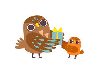 Father Owl Giving Gift to His Owlet Baby, Happy Family of Owls, Cute Cartoon Birds Characters Vector Illustration