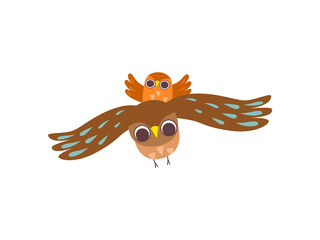 Naklejka premium Father Owl and His Owlet Flying Together, Happy Family of Owls, Father, Cute Cartoon Birds Characters Vector Illustration