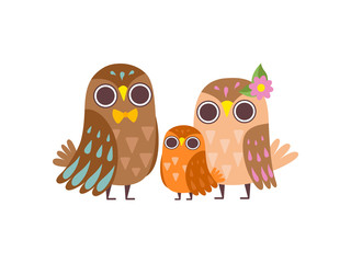 Cute Family of Owls, Father, Mother and Their Baby Posing Together, Adorable Cartoon Birds Characters Vector Illustration