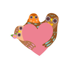 Happy Family of Owls with Pink Heart, Father, Mother and Their Baby Owlet, Cute Cartoon Birds Characters Vector Illustration