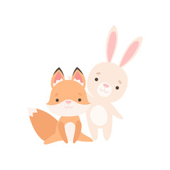 Obraz na płótnie Canvas Lovely White Little Bunny and Fox Cub are Best Friends, Adorable Rabbit and Pup Cartoon Characters Vector Illustration