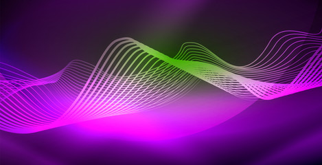 Glowing abstract wave on dark, shiny motion, magic space light. Techno abstract background