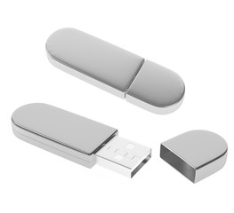 USB stick. Metal digital storage accessory. 3d rendering illustration isolated