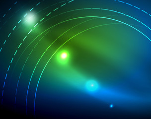 Blue neon circles, abstract circular lines. Glowing circle abstract pattern background