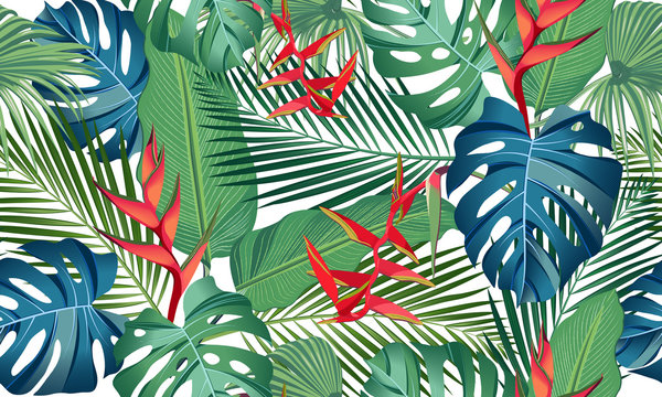 Seamless pattern tropical leaves with heliconia flower on white background