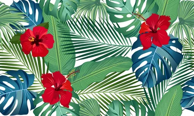 Fotobehang Seamless vector pattern tropical leaves with red hibiscus flower on white background © JANNTA