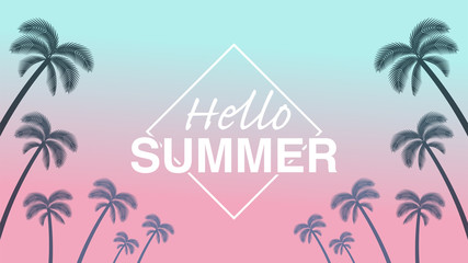 Naklejka premium Palm tree silhouette frame in sunset background - Included words “Hello Summer