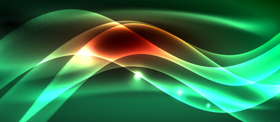 Glowing abstract wave on dark, shiny motion, magic space light. Techno abstract background