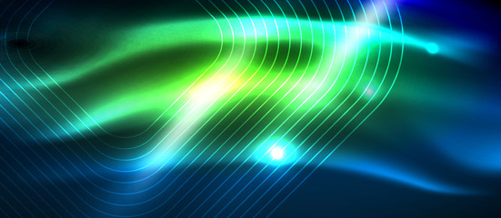 Neon glowing techno lines, hi-tech futuristic abstract background template with square shapes