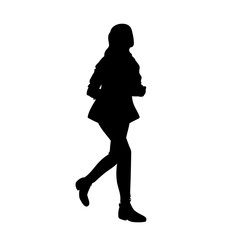 Teenage girl with long hair running. Black silhouette isolated on white background. Concept. Vector illustration of girl runner in streetwear. Stencil. Monochrome minimalism