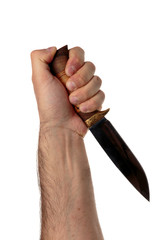 Male hand with a hunting knife isolated on white