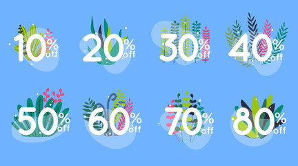 Sale discount icons with leafs design. Special offer price signs. 10, 20, 30, 40, 50, 60, 70 and 80 percent off reduction symbols.