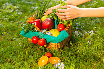 Female hands holding wicker basket with vegetables and fruits, close up