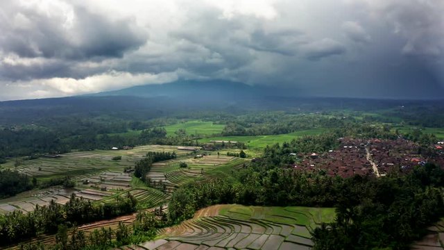 Aerial drone footage, rice fields and village on a Mountain in Bali.