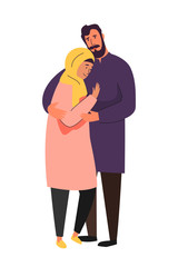Muslim family, hijab abaya traditional clothing, vector illustration