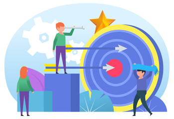 Aim for goal, target, dream. Make business strategy plan. Small people stand near big target. Poster for social media, web page, banner, presentation. Flat design vector illustration